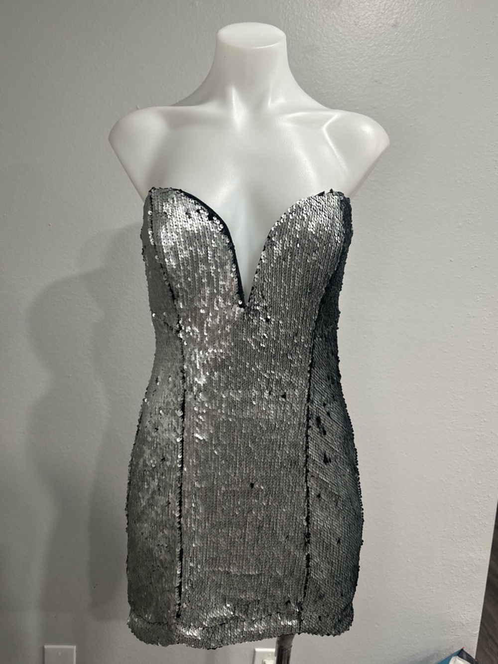 Nasty Gal Silver Sequin Strapless Plunge Mini Dress